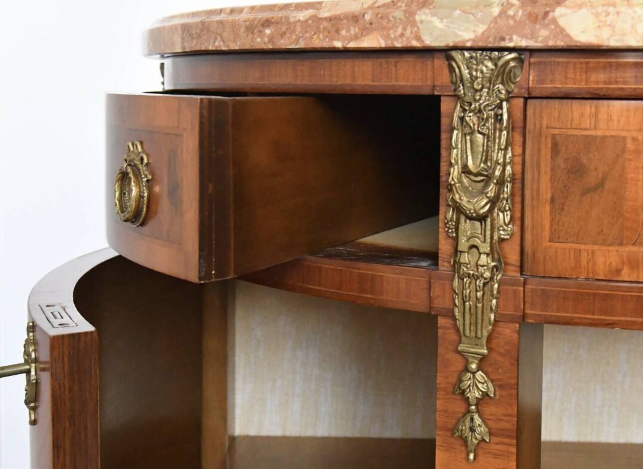 Louis XVI style half-moon marble marquetry sideboard