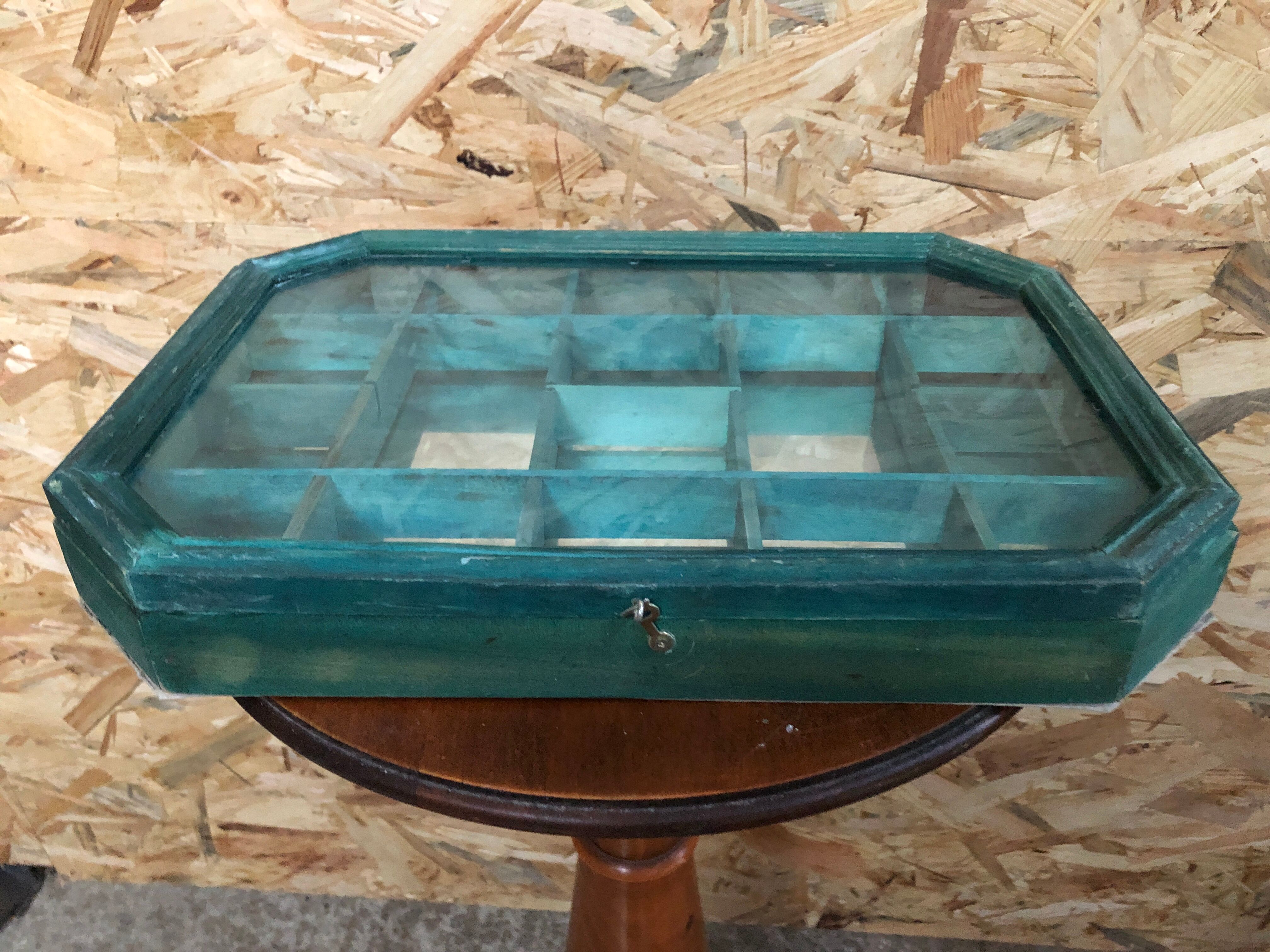 Old hanging showcase 18 green wood boxes + mirror + vintage glass door