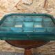 Old hanging showcase 18 green wood boxes + mirror + vintage glass door