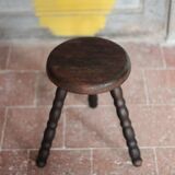 Tabouret vintage, tabouret bois, tabouret tripode pieds perlés, porte-plant