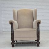 1960s, Danish wingback armchair, furniture velour, carved oak wood.