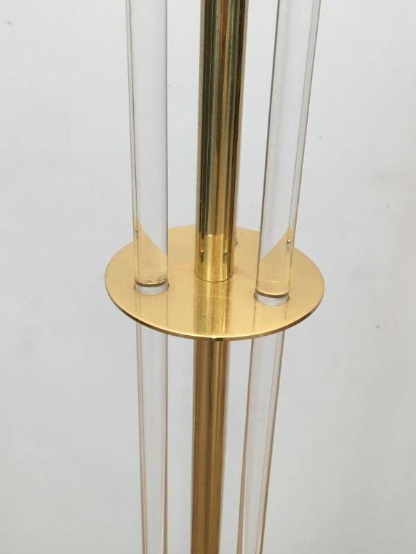 Designer floor lamp in gilded brass and plexiglass