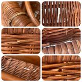 Magazine rack in turned wood and light brown rattan