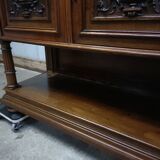 Solid walnut sideboard, Henri II style, Renaissance, with pink and white marble top