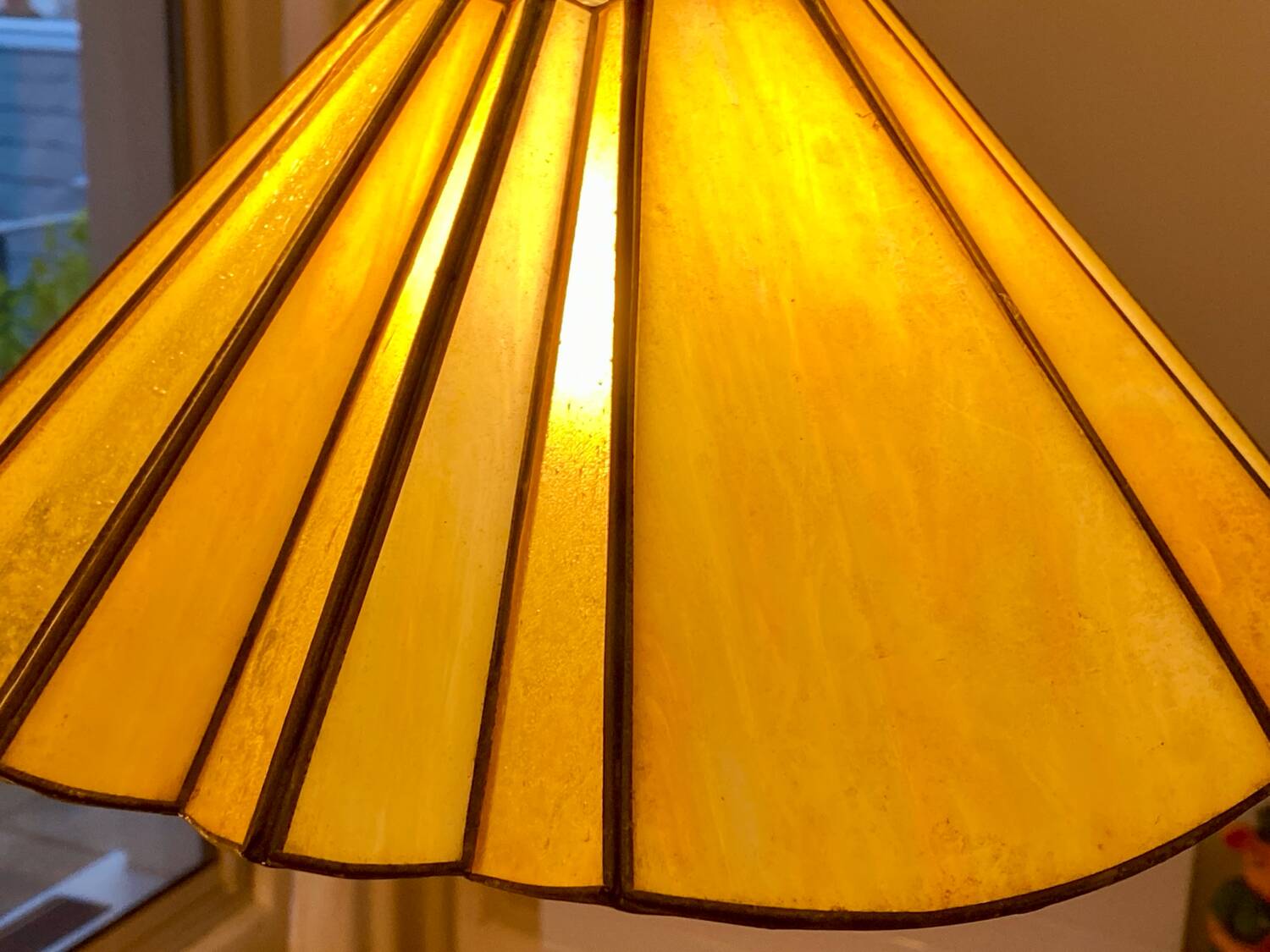 Glass paste and brass umbrella pendant light, 1970
