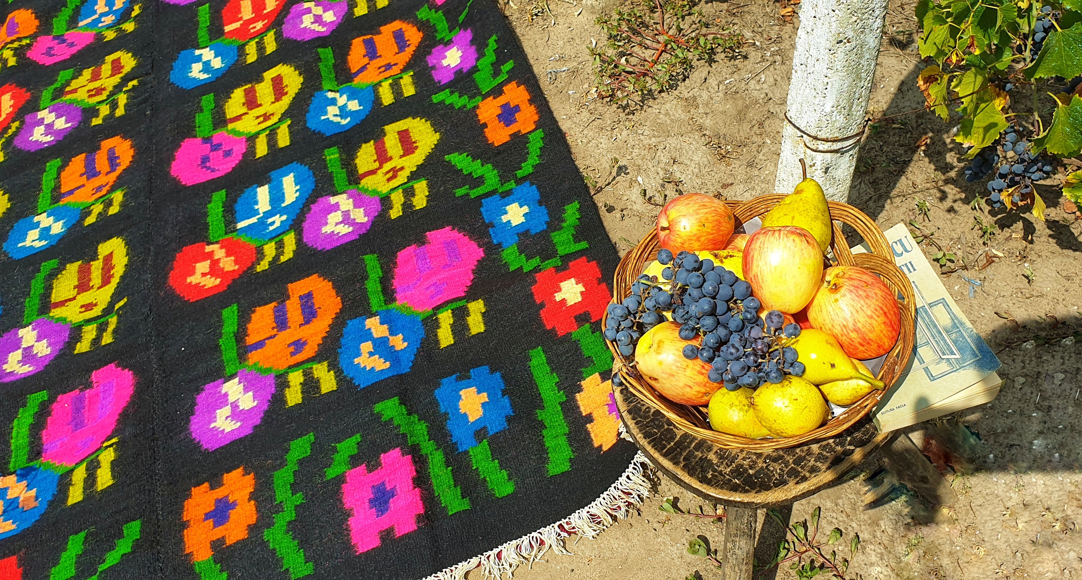 Kilim de laine florale, fond noir avec des fleurs colorées, réversible, Roumanie tissée à la main 235 x 160 cm