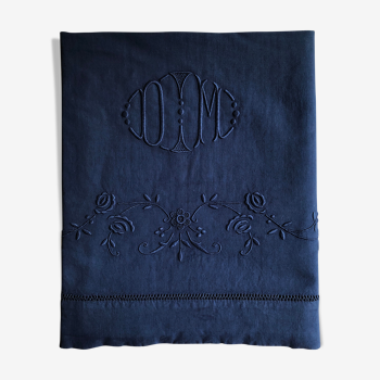 Drap ancien en lin et coton teinté en bleu nocturne