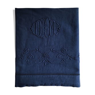 Old linen and cotton sheet tinted in night blue