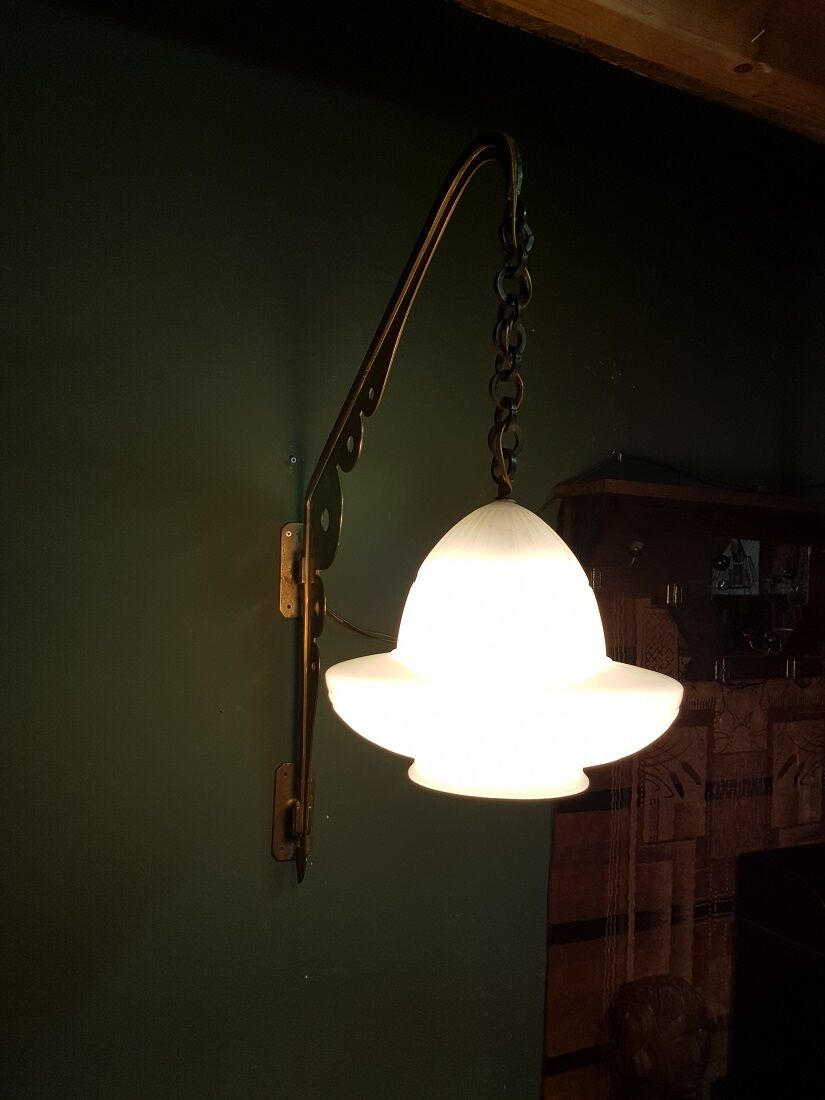Early 20th century art deco wall lamp with brass bracket and opaline glass shade