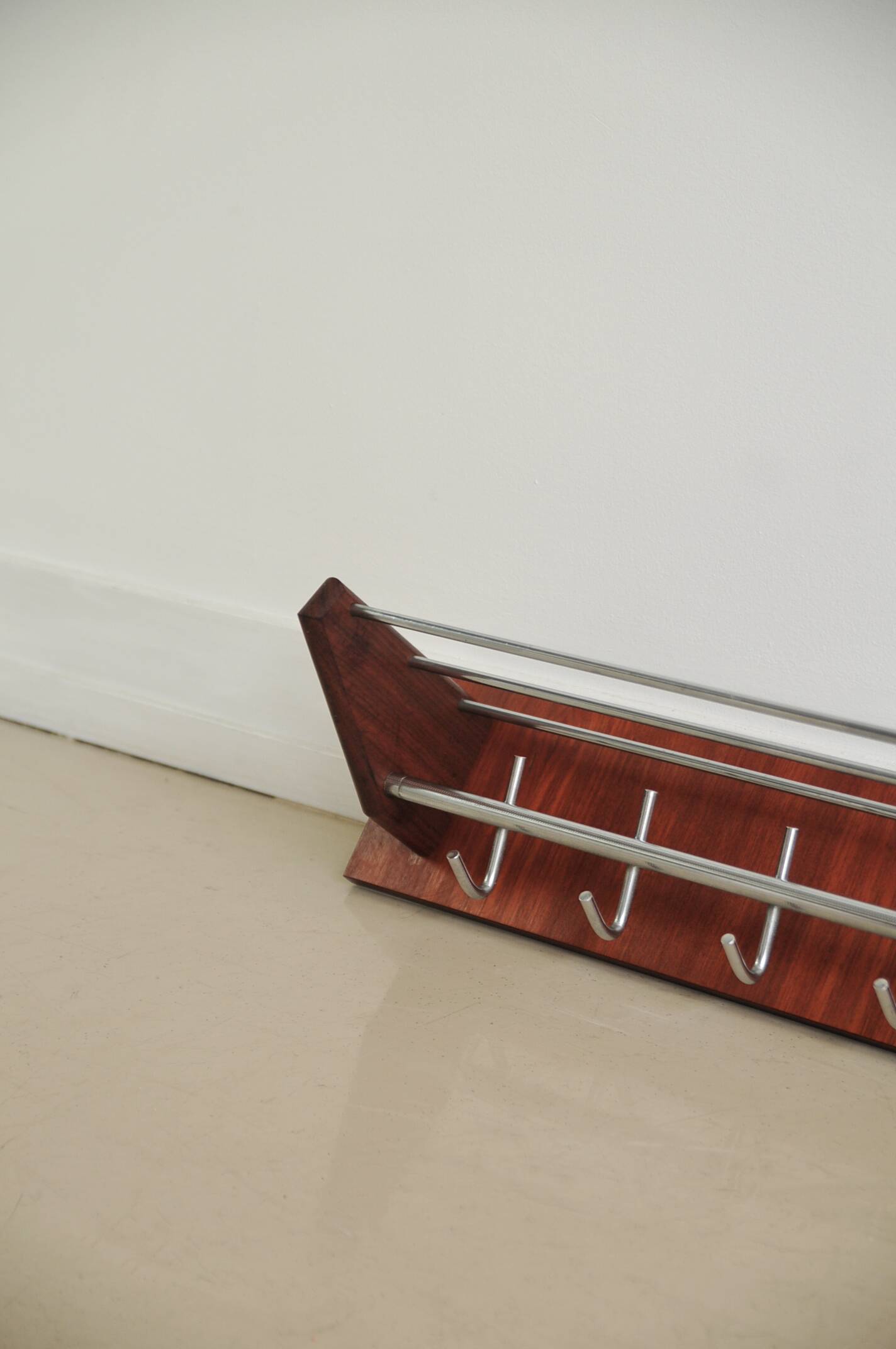Teak wood & chrome wall coat rack