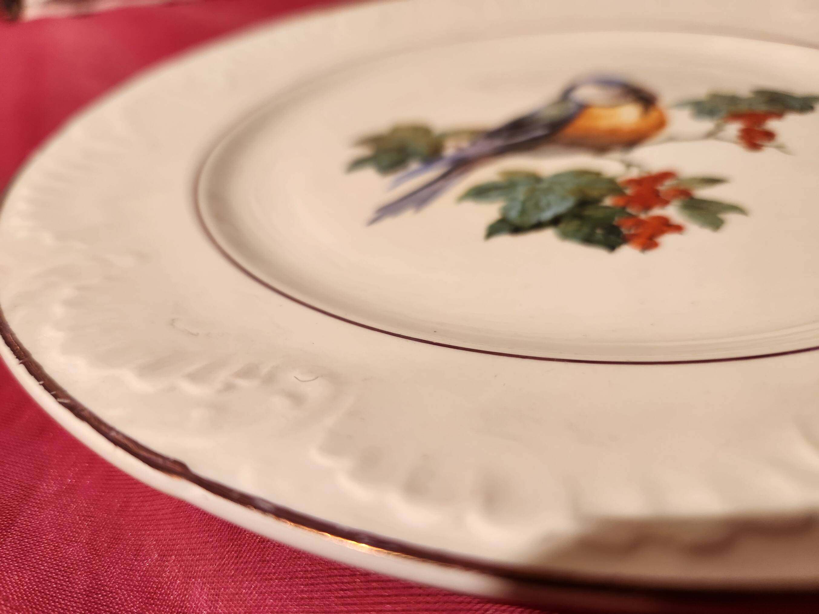 6 dessert plates Digoin Sarreguemines with coloured bird design.