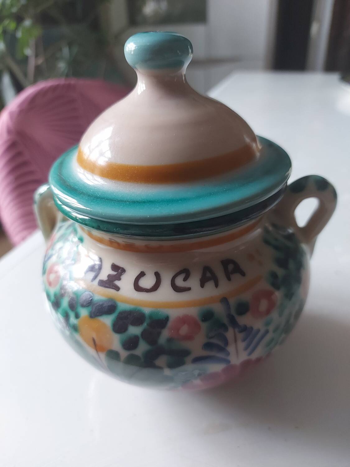 Vintage earthenware sugar bowl signed