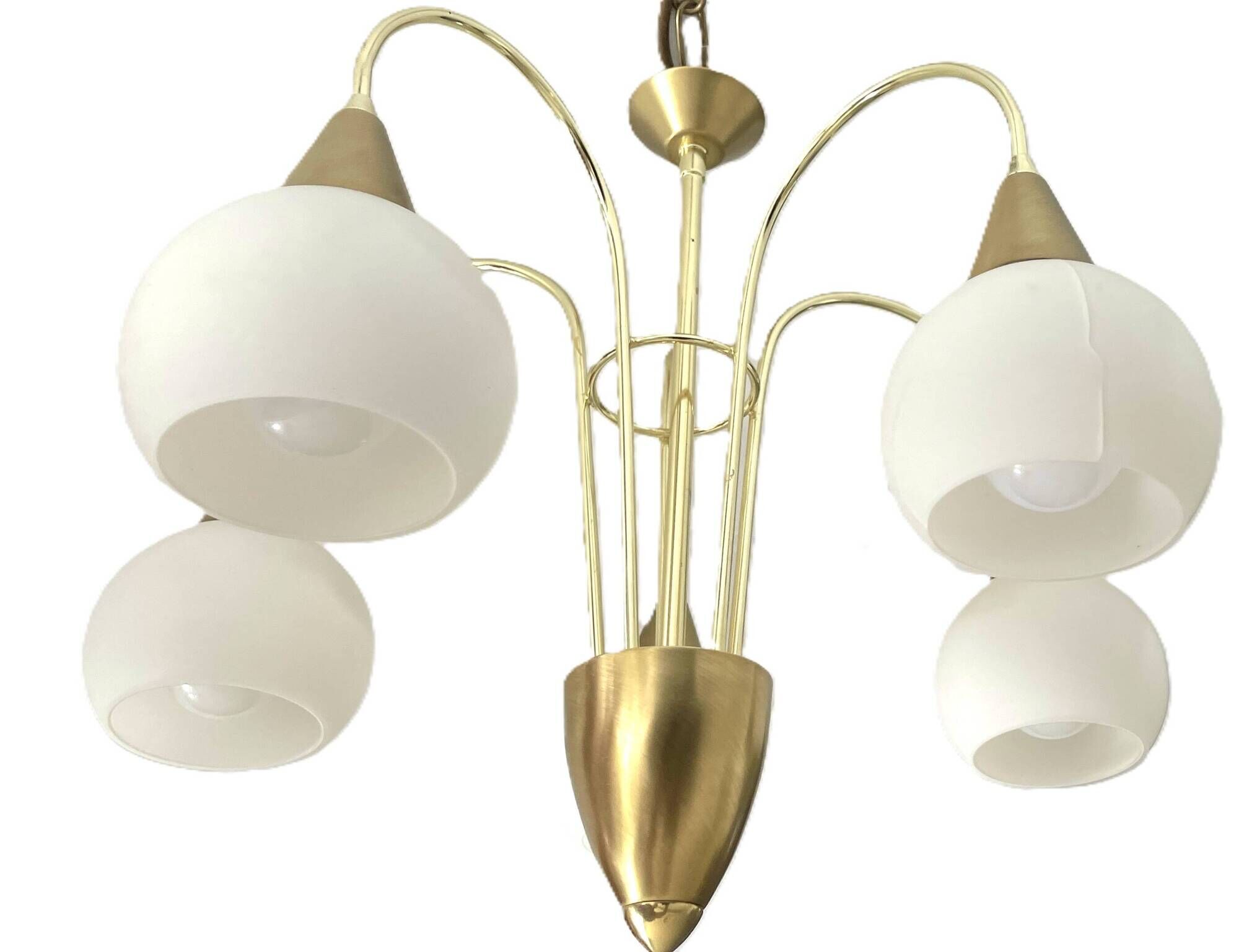 Mid Century Suspension, 5 globes in brass and opal glass, Honsel Leuchten