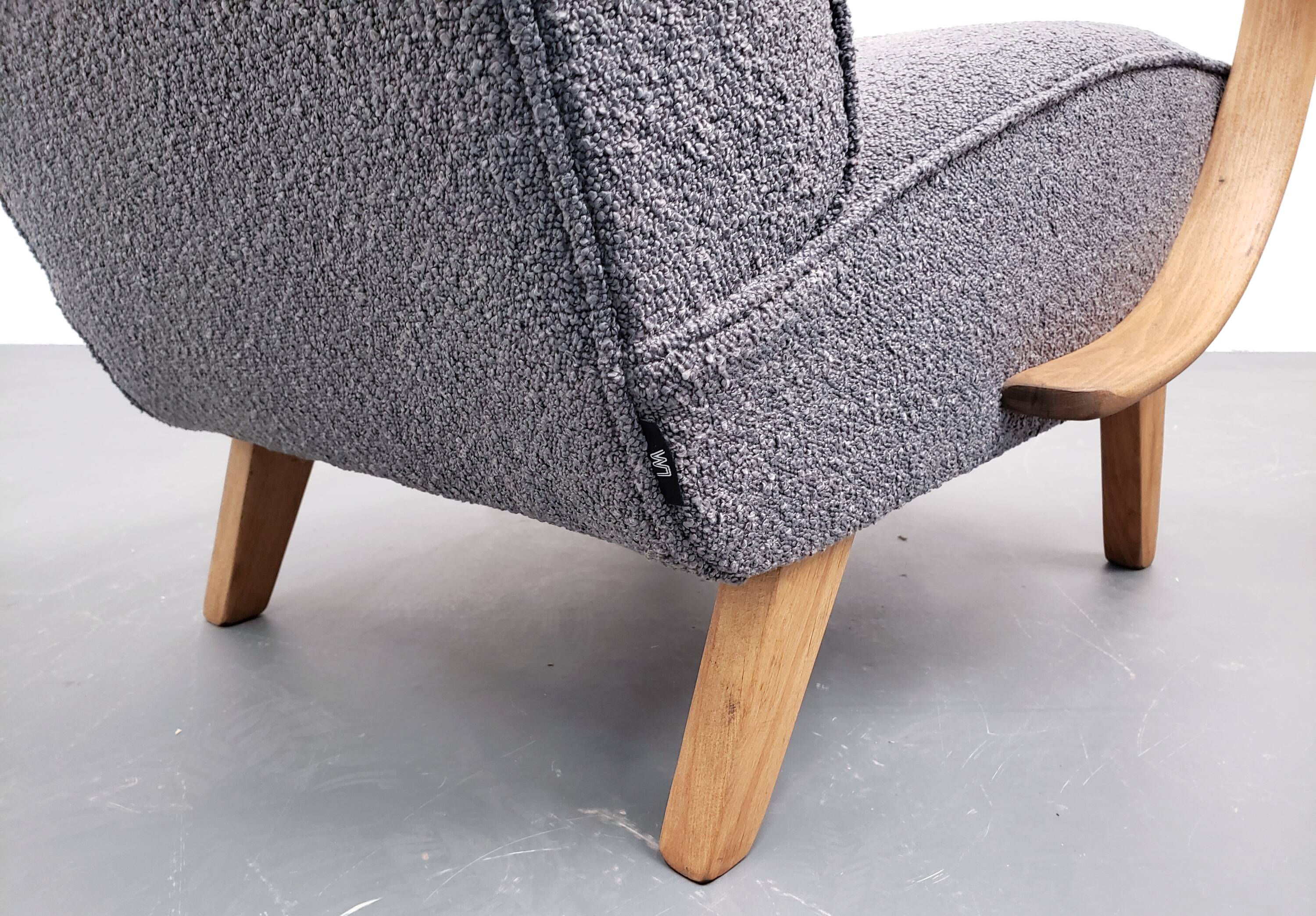 Fauteuil Jindrich Halabala en bois courbé, bouclette grise, 1930