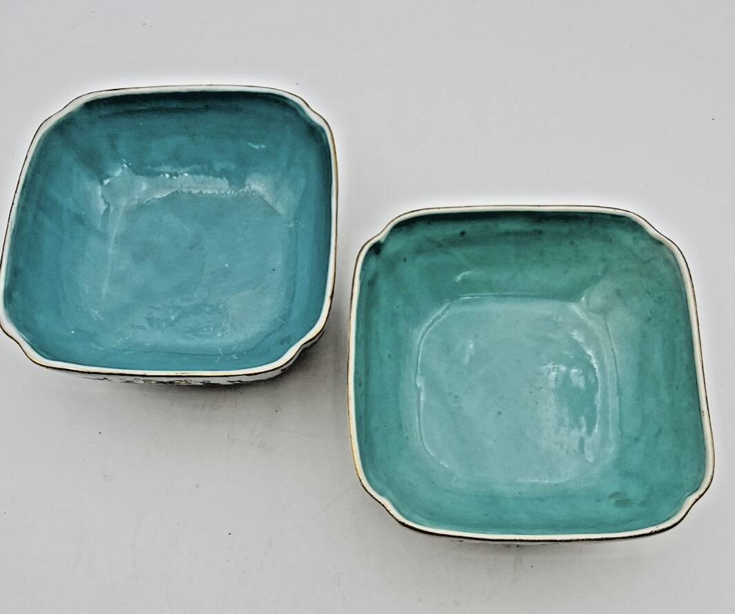 Pair of Chinese wedding bowls with blue floral pattern interior