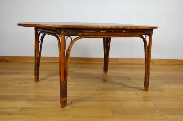 Table de Repas Vintage Ovale en Bambou et Rotin 1980
