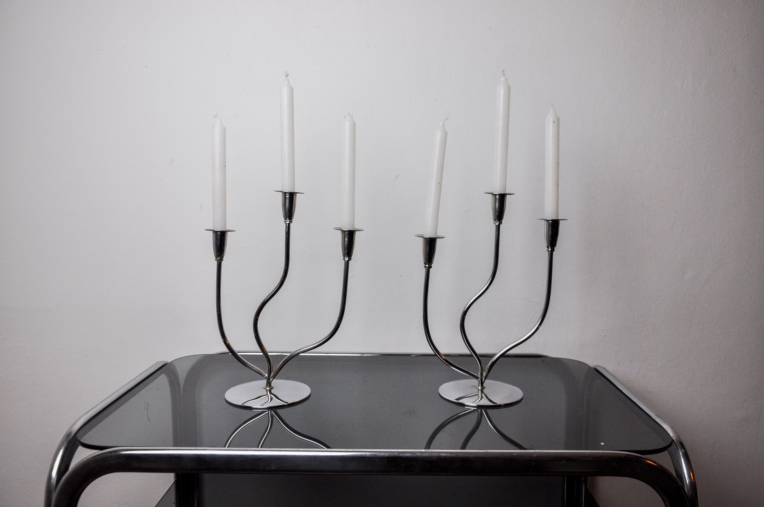 Pair of art deco candlesticks in stainless steel 3 flames, Spain, 1970
