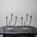Pair of art deco candlesticks in stainless steel 3 flames, Spain, 1970