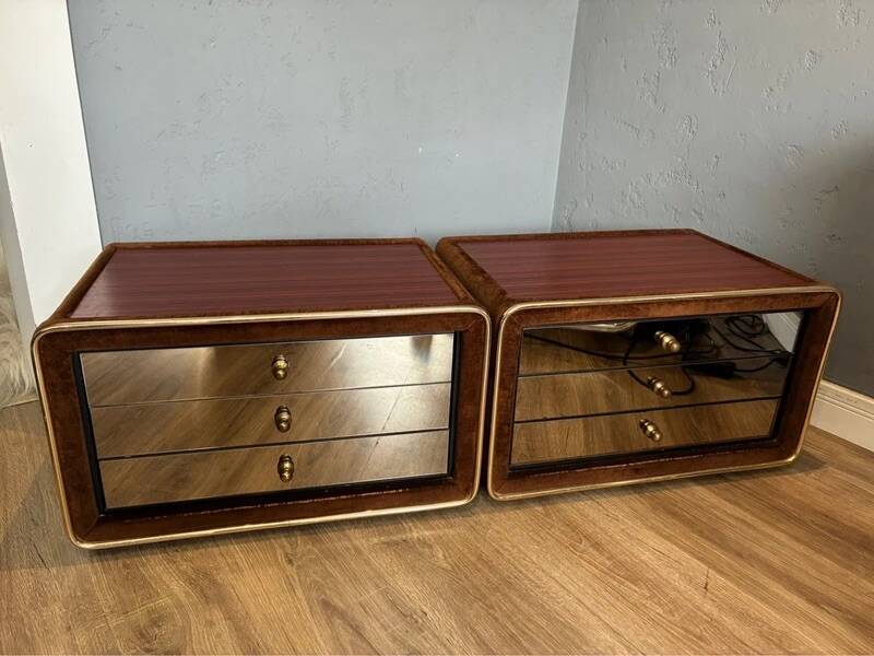 Ruf International Nightstands – Pair Mirrored Bedside Tables 1970s