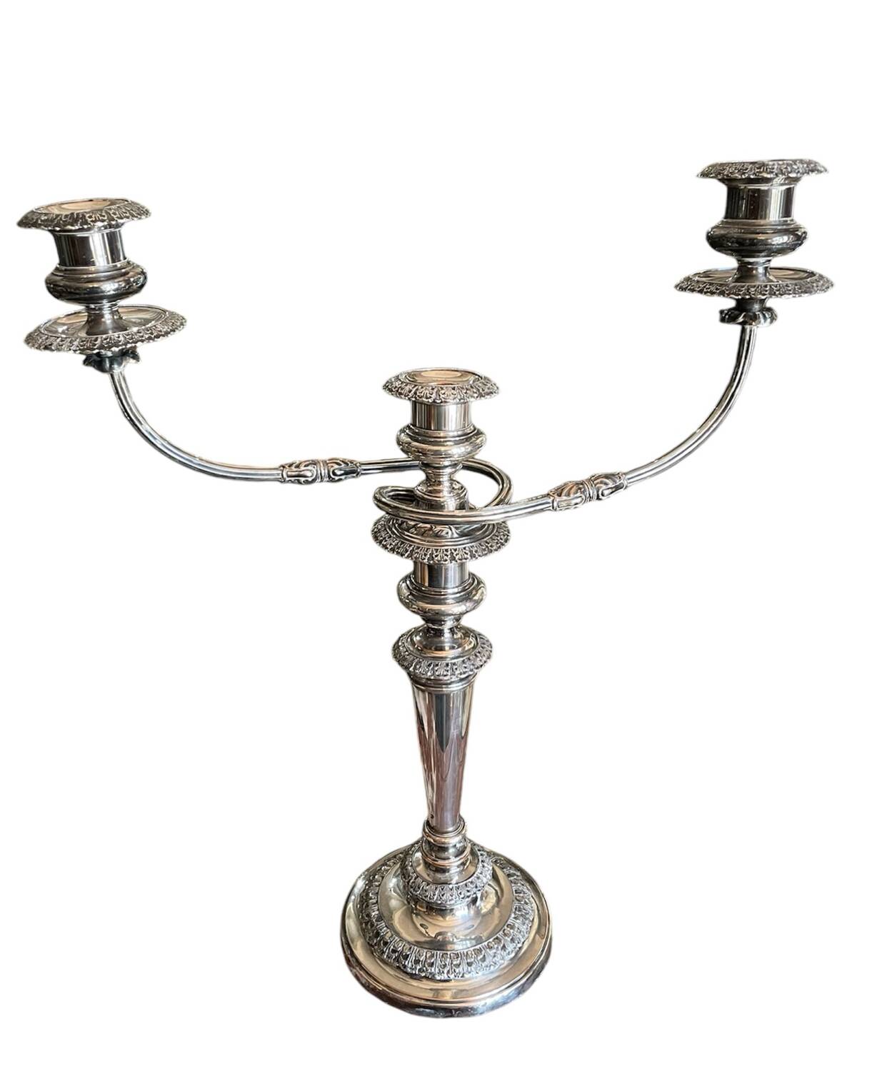 Pair of convertible three-light candelabra in silver-plated metal.