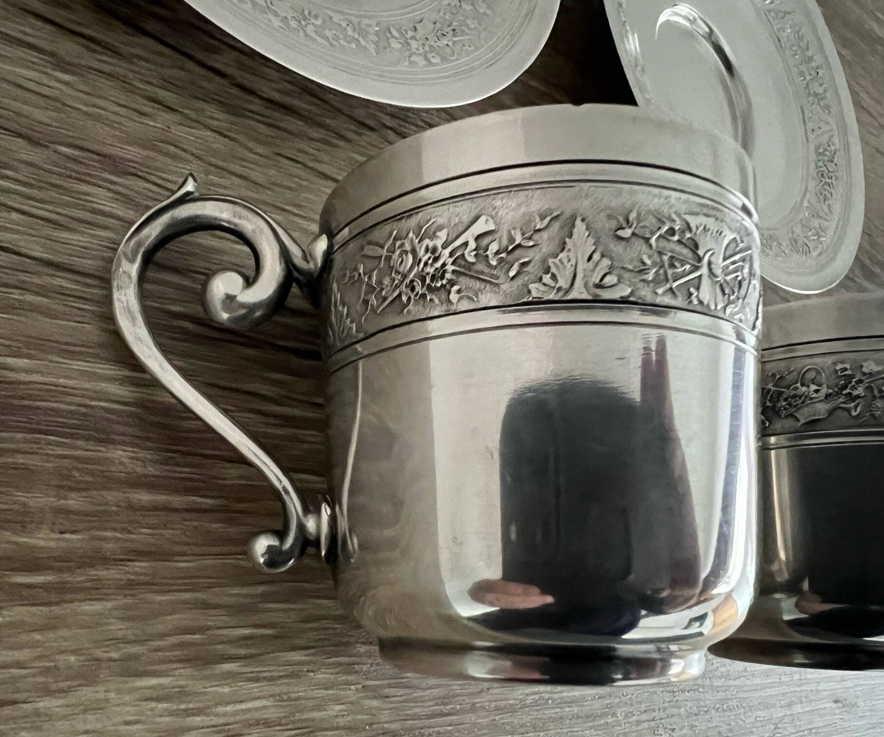 2 Gallia silver-plated cups and saucers with rooster and goat's head hallmarks, numbered