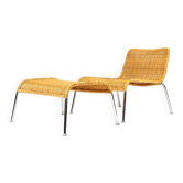 Retro Vintage Danish Chrome Rattan Lounge Easy Lounge Chair Armchair + Stool 70s