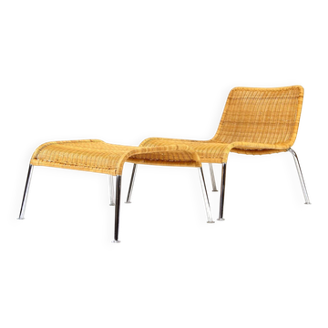 Retro Vintage Danish Chrome Rattan Lounge Easy Lounge Chair Armchair + Stool 70s
