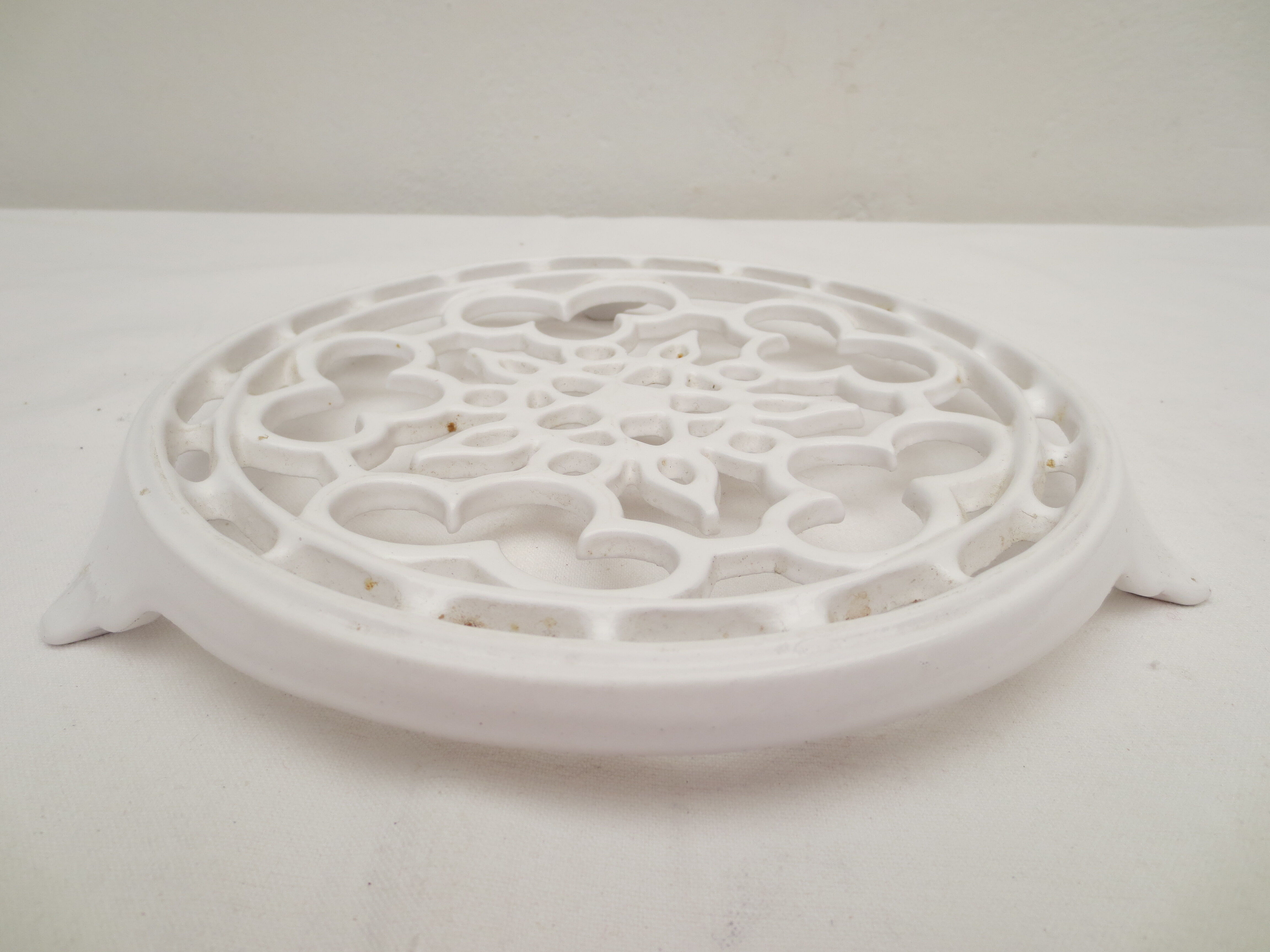 Old trifle, white enamelled cast iron, geometric decoration
