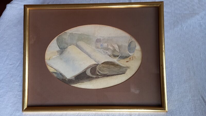 Old painting, handwritten watercolor with pale pink knot