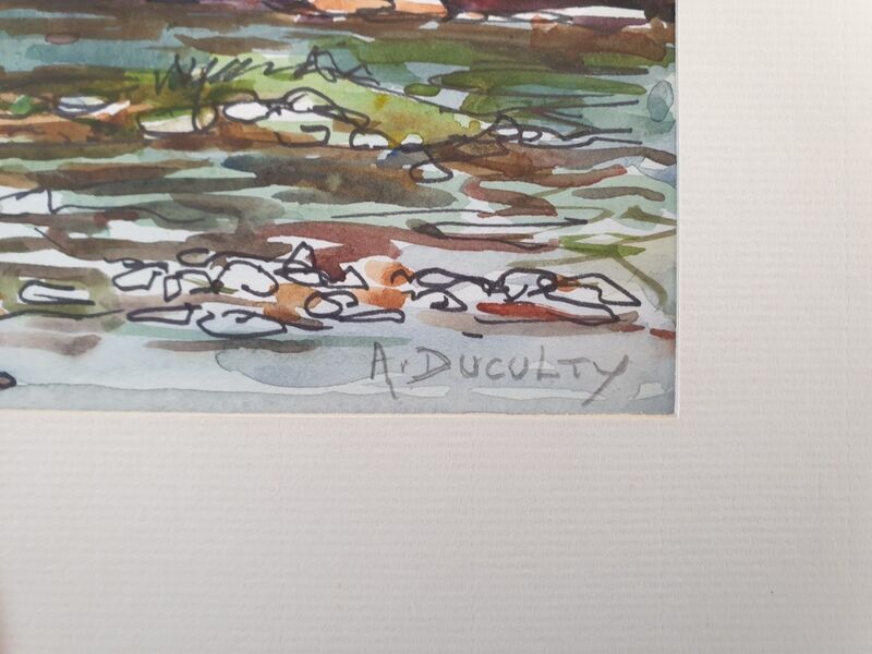 André Duculty (1912-1990) Watercolor on paper "Landscape of Vabres l'Abbaye (Aveyron)" Signed below