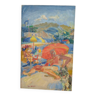 Canvas signed by Paul Braudey – Beach scene, oil on canvas 61 × 38 cm