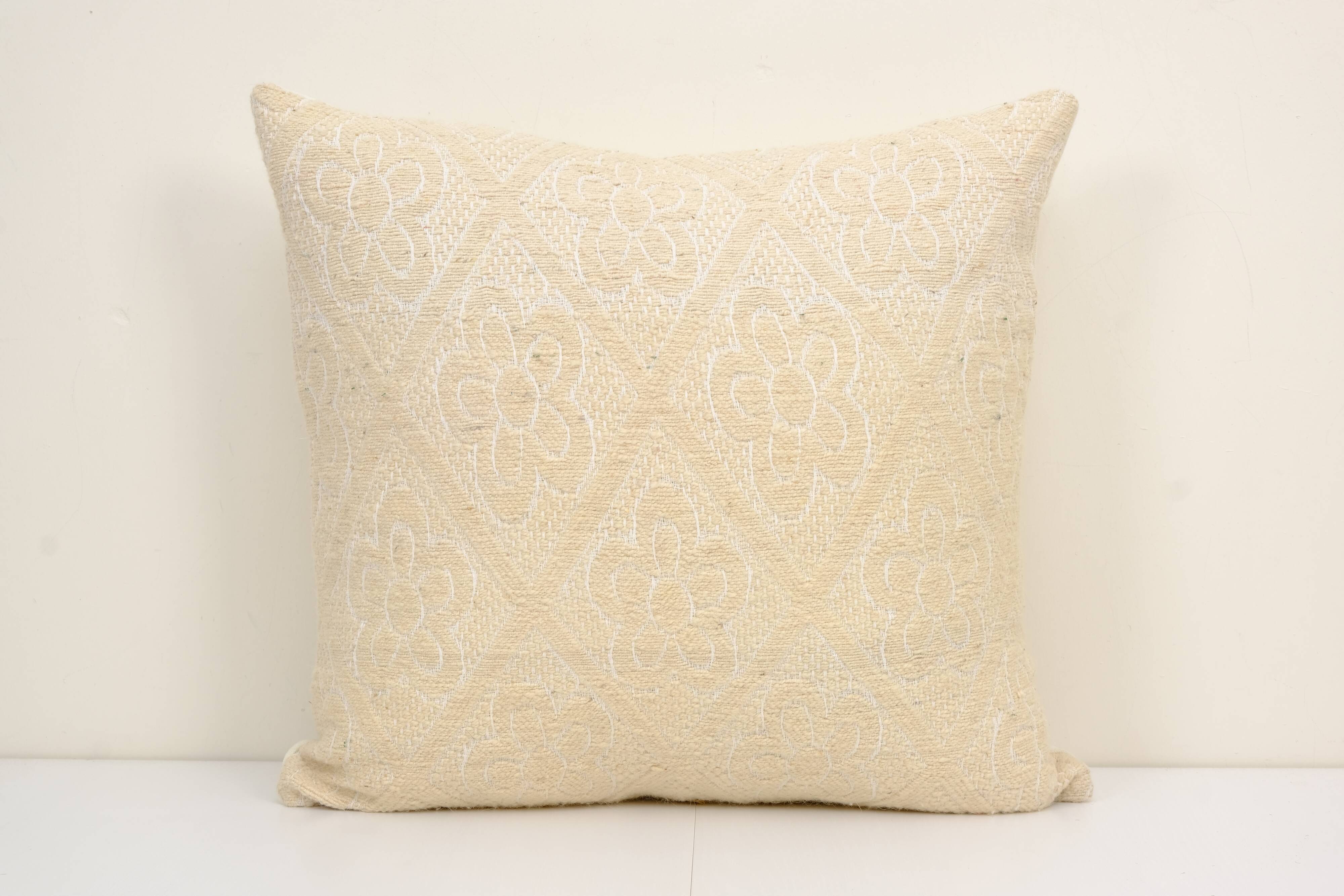 Square white kilim pillow with floral motif, handmade tribal vintage kilim pillow, boho throw pillow