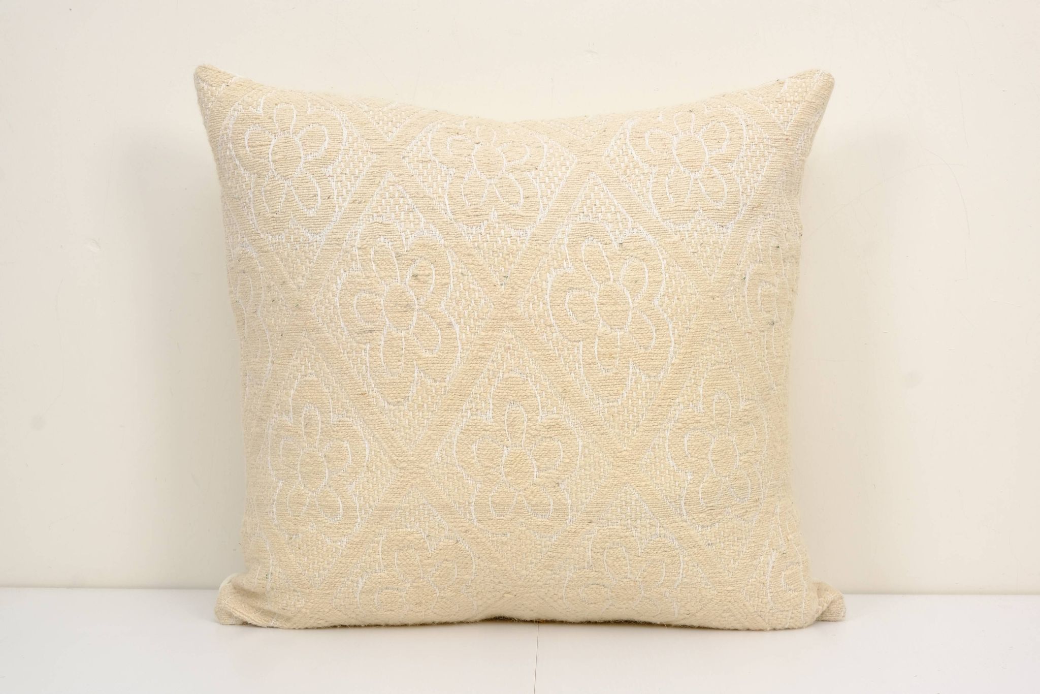 Square white kilim pillow with floral motif, handmade tribal vintage kilim pillow, boho throw pillow