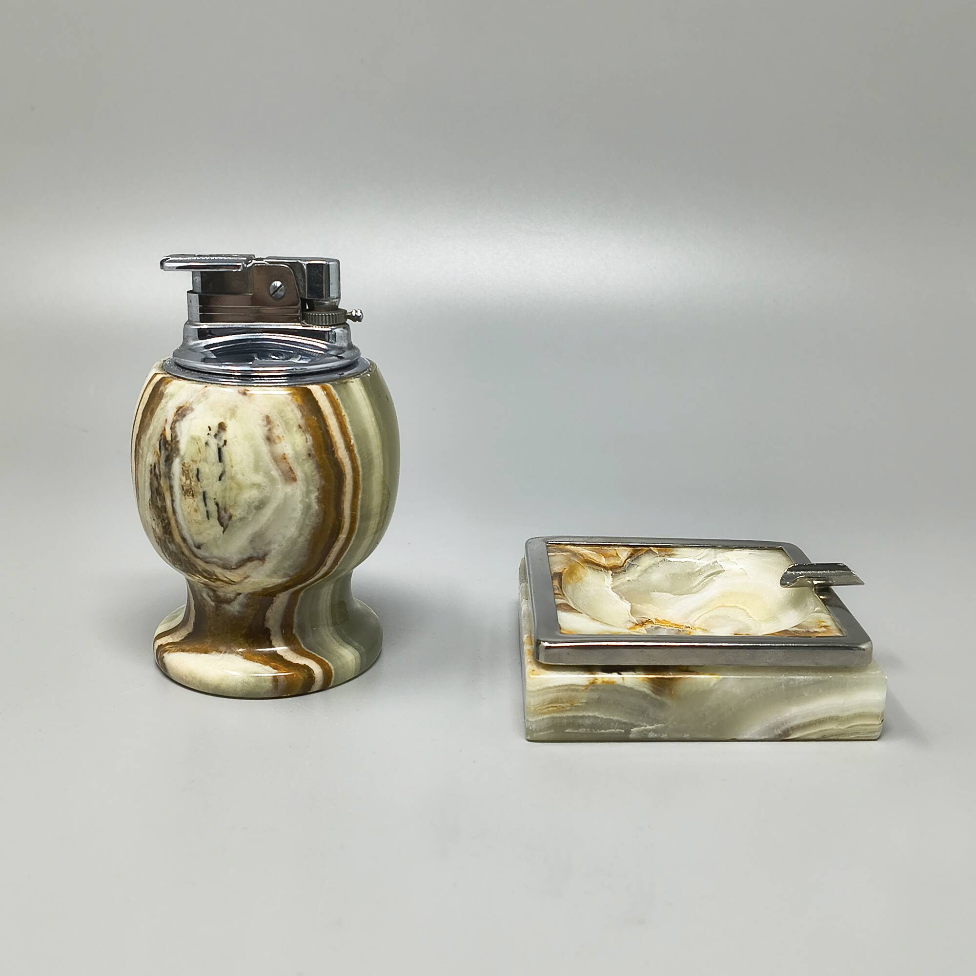 1960s mid-century modern Italian onyx smoking set with table lighter & ashtray