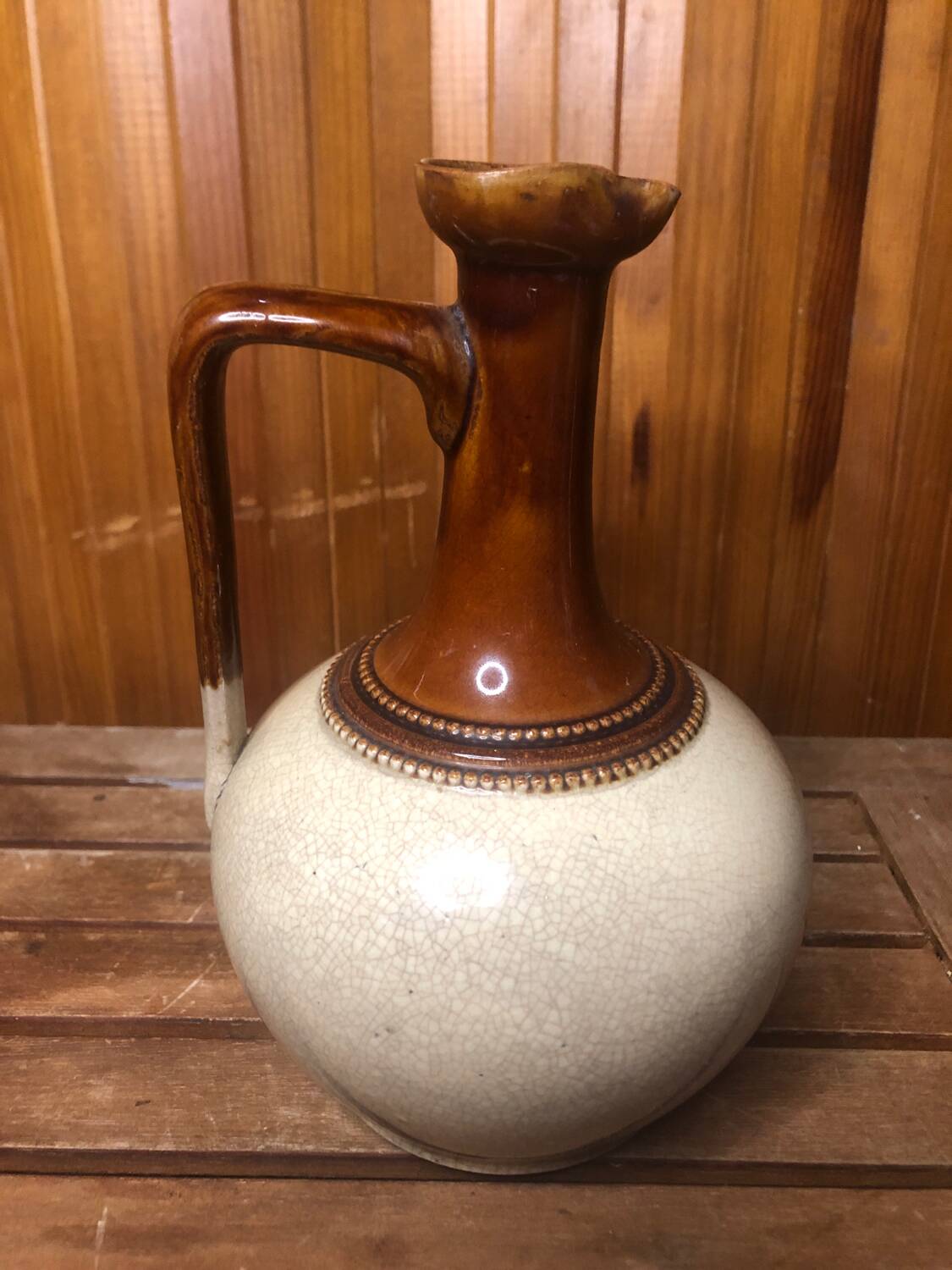 Old Vintage White & Brown Cracked Ceramic Pitcher