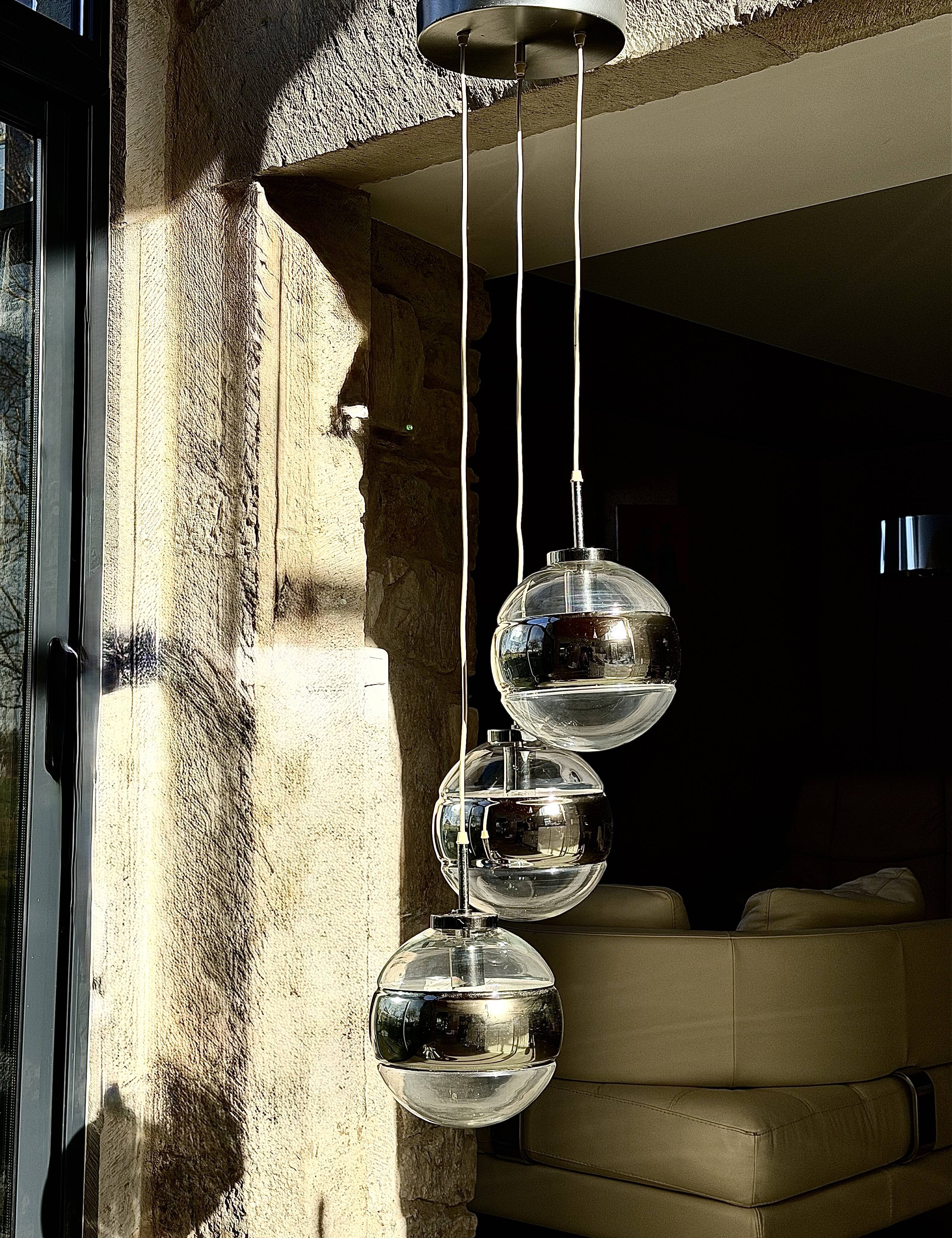 Suspension Cascade Space Age 3 Globes Chrome 1970s - Peill Putzler