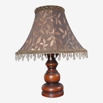 table lamp solid wood foot, pagoda shade brown / floral golden fabric and tassels