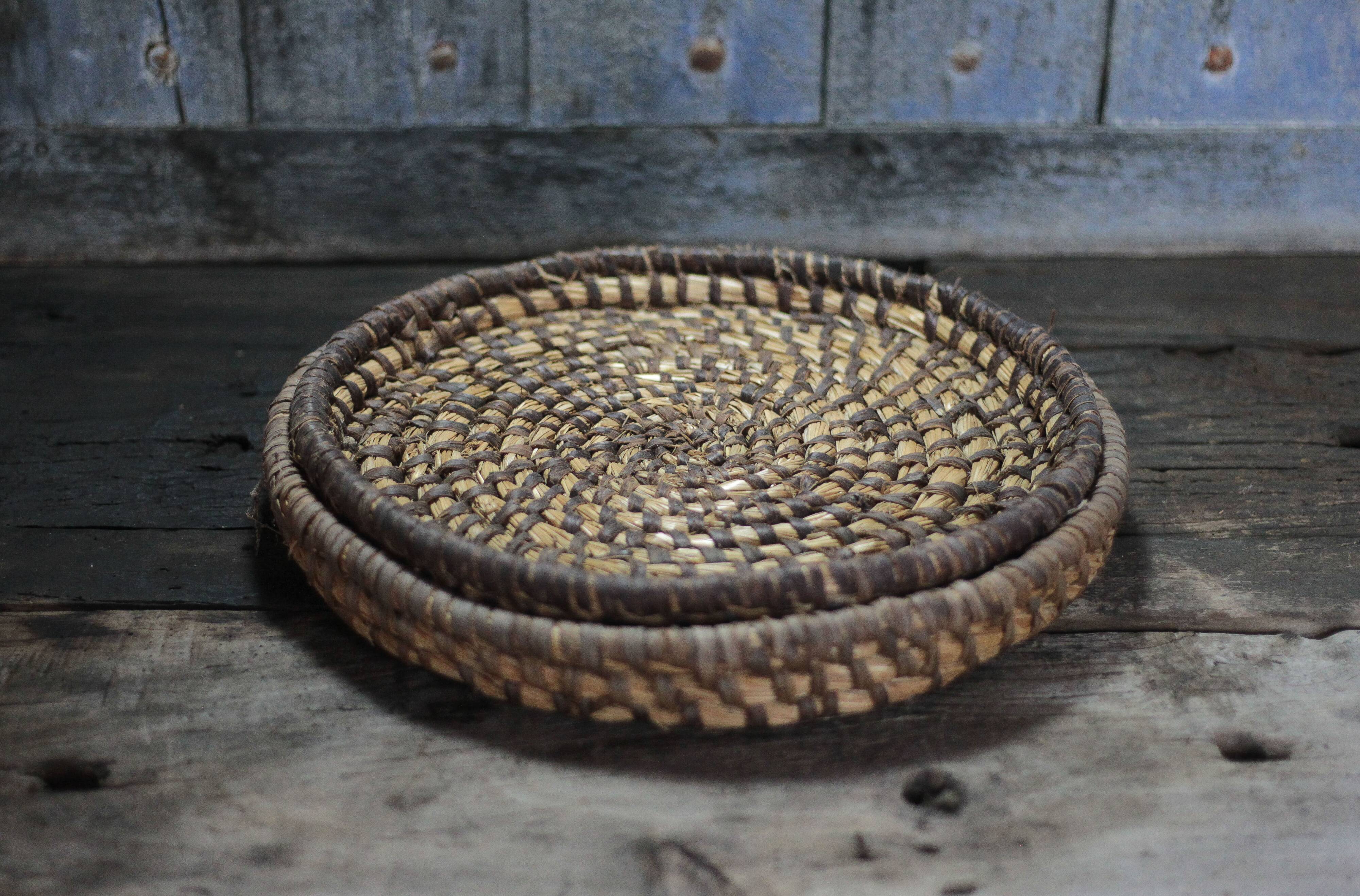 pair of old wicker trays, straw bourgne and bramble, woven bowl