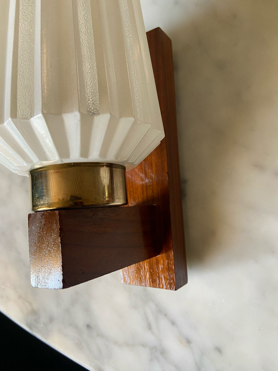Pair of Scandinavian sconces in brass and opaline teak