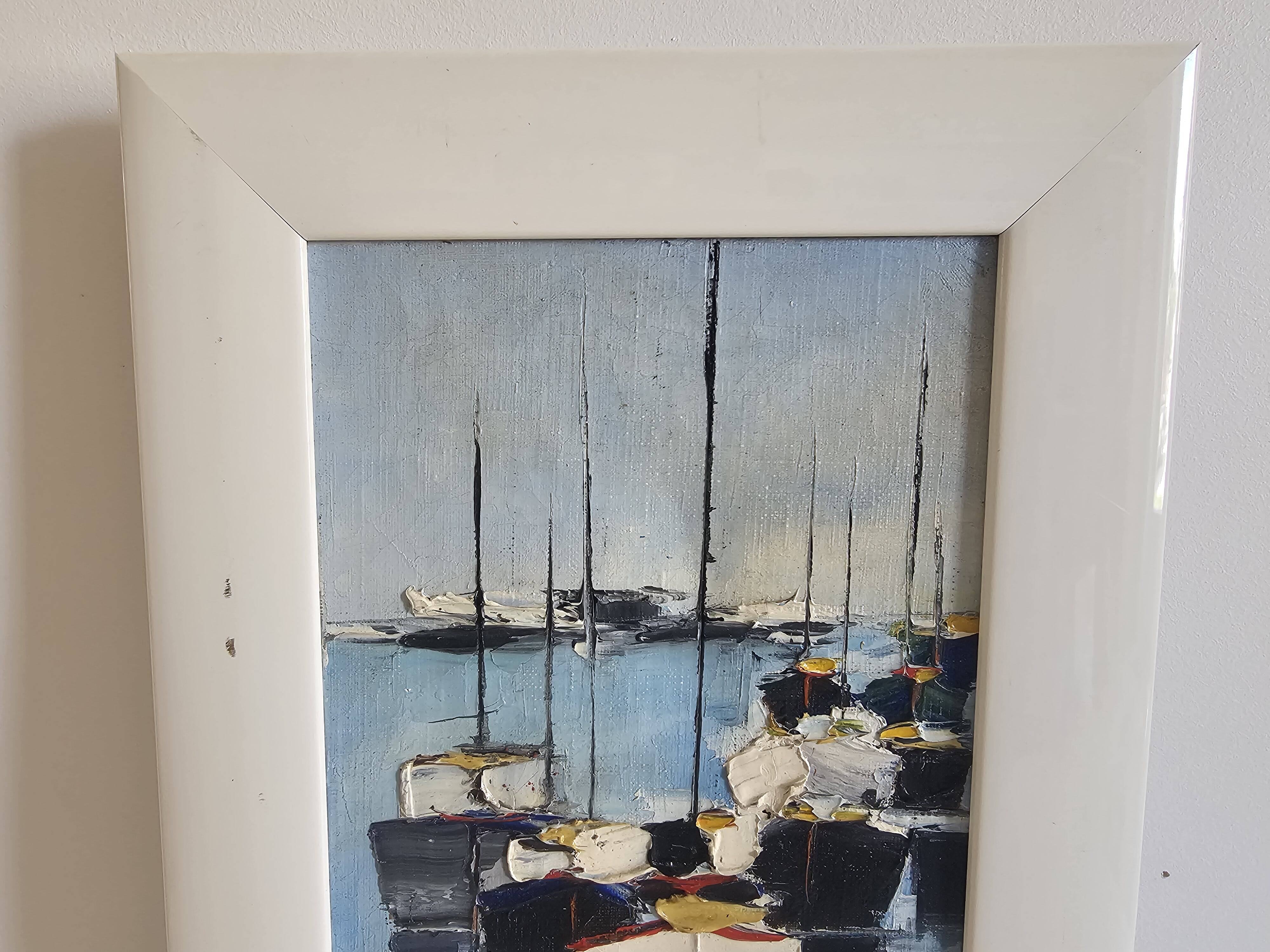 Oil on Canvas Painting Marine Landscape Sailboats at Anchor Signed Morales