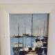 Oil on Canvas Painting Marine Landscape Sailboats at Anchor Signed Morales