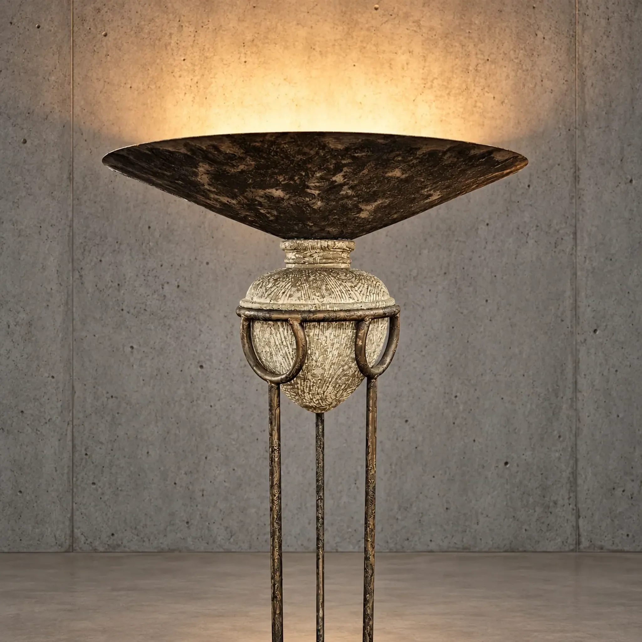 Neo classic forged floor lamp / metal shade / stone base / 1970s