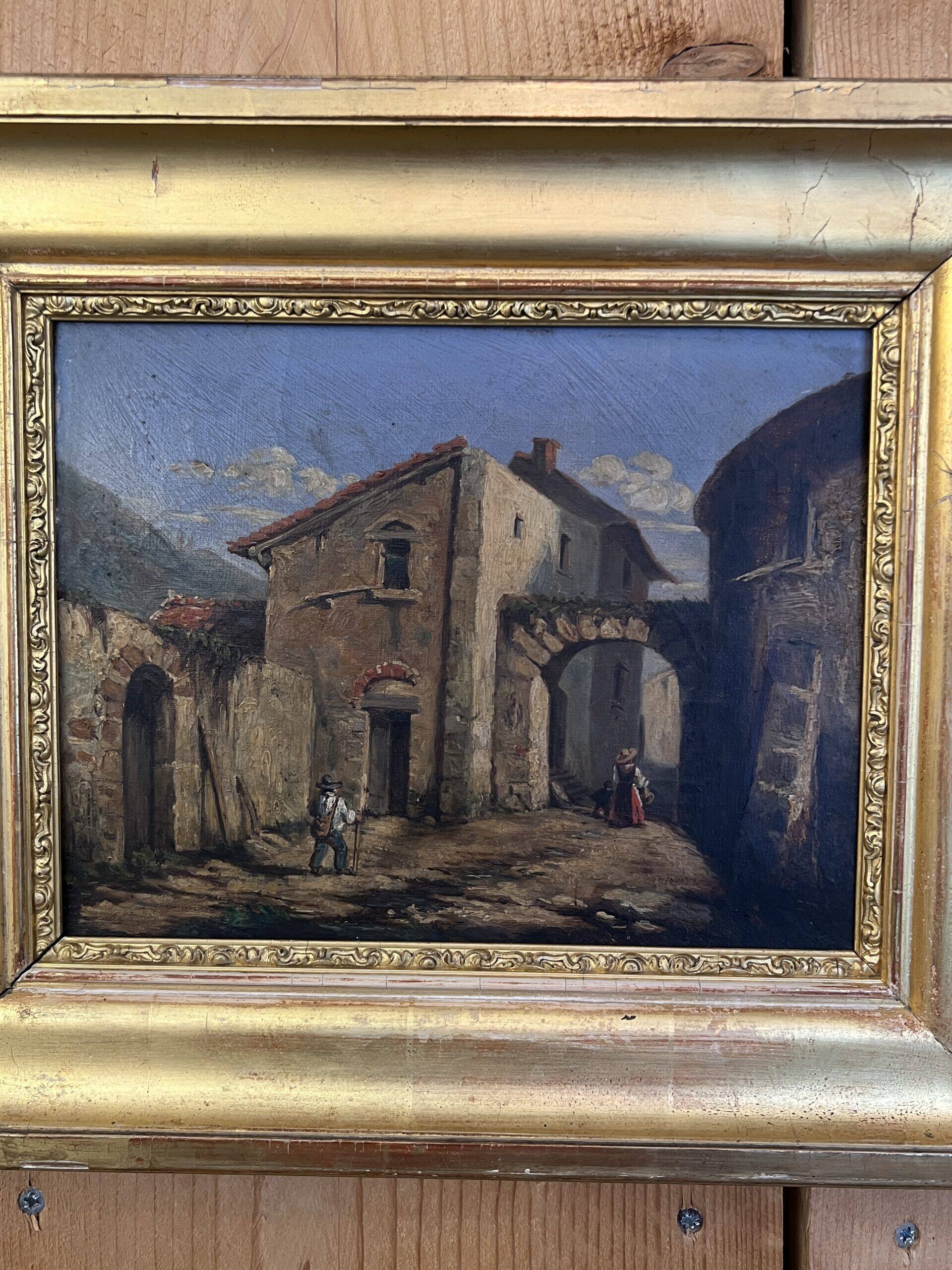 19th century painting, oil on canvas, interior decor of a lively village