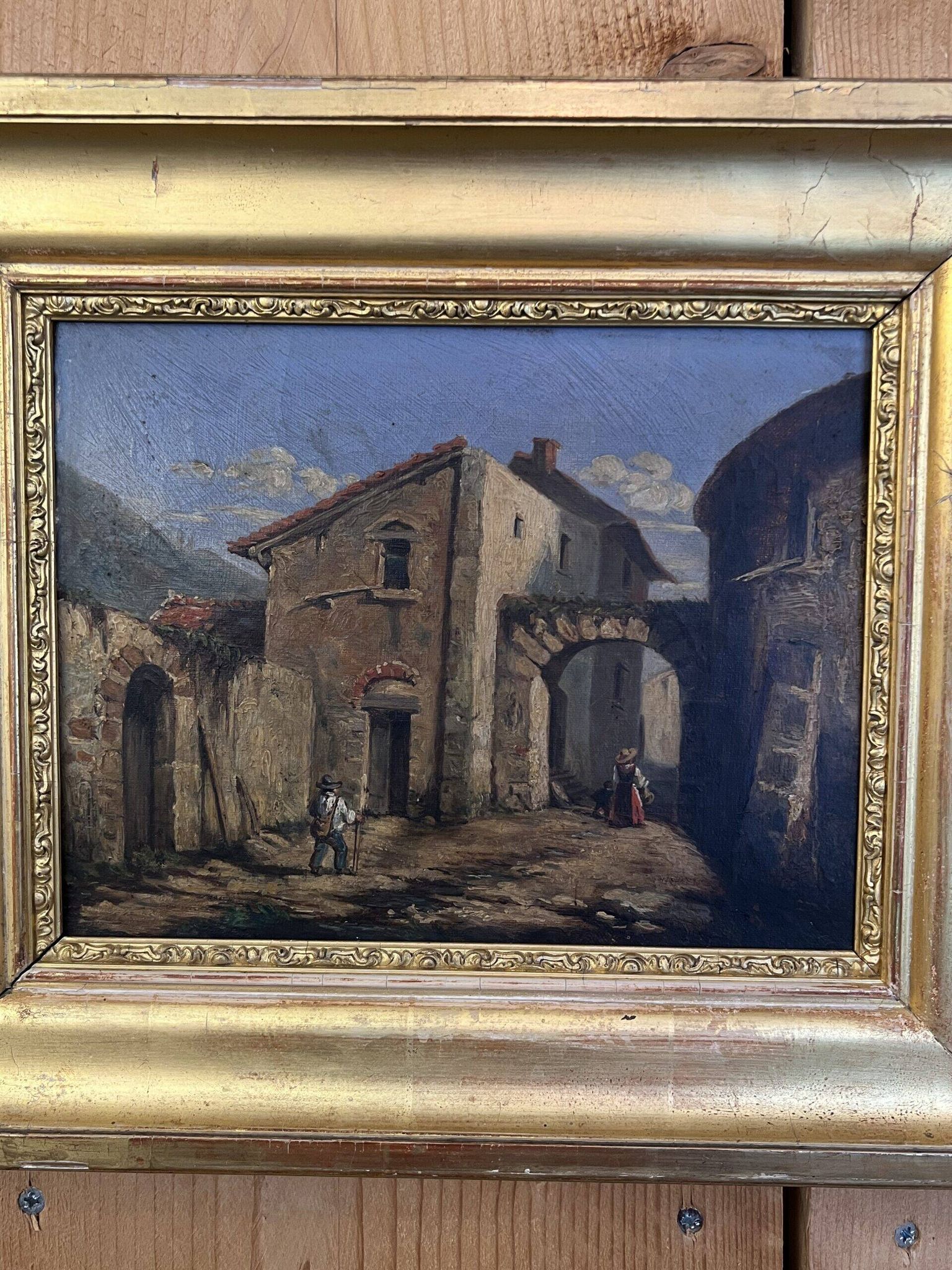 19th century painting, oil on canvas, interior decor of a lively village