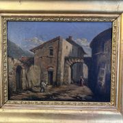 19th century painting, oil on canvas, interior decor of a lively village