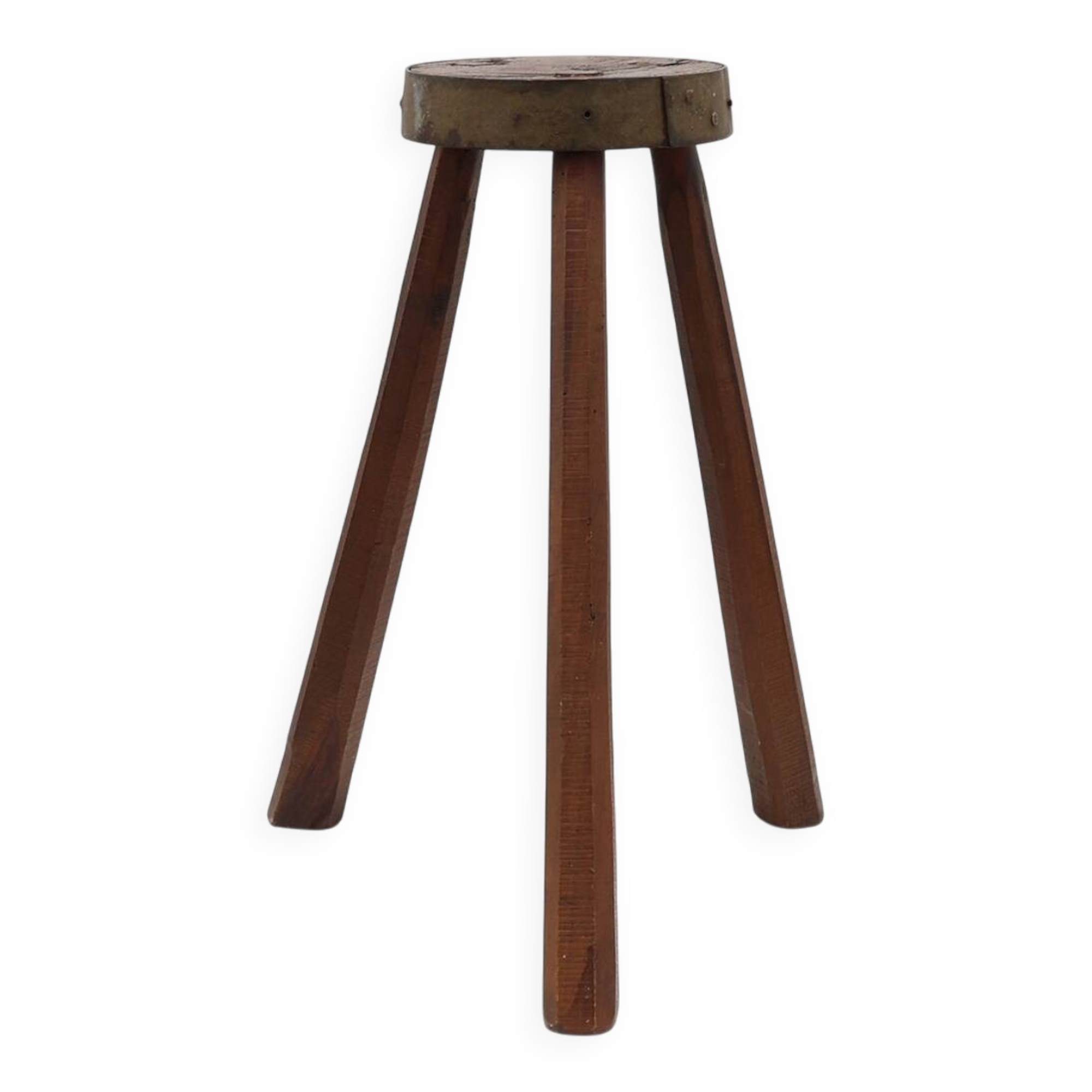 Brutalist French solid oak tripod stool with metal rim, 1850s