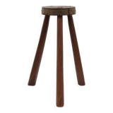 Brutalist French solid oak tripod stool with metal rim, 1850s