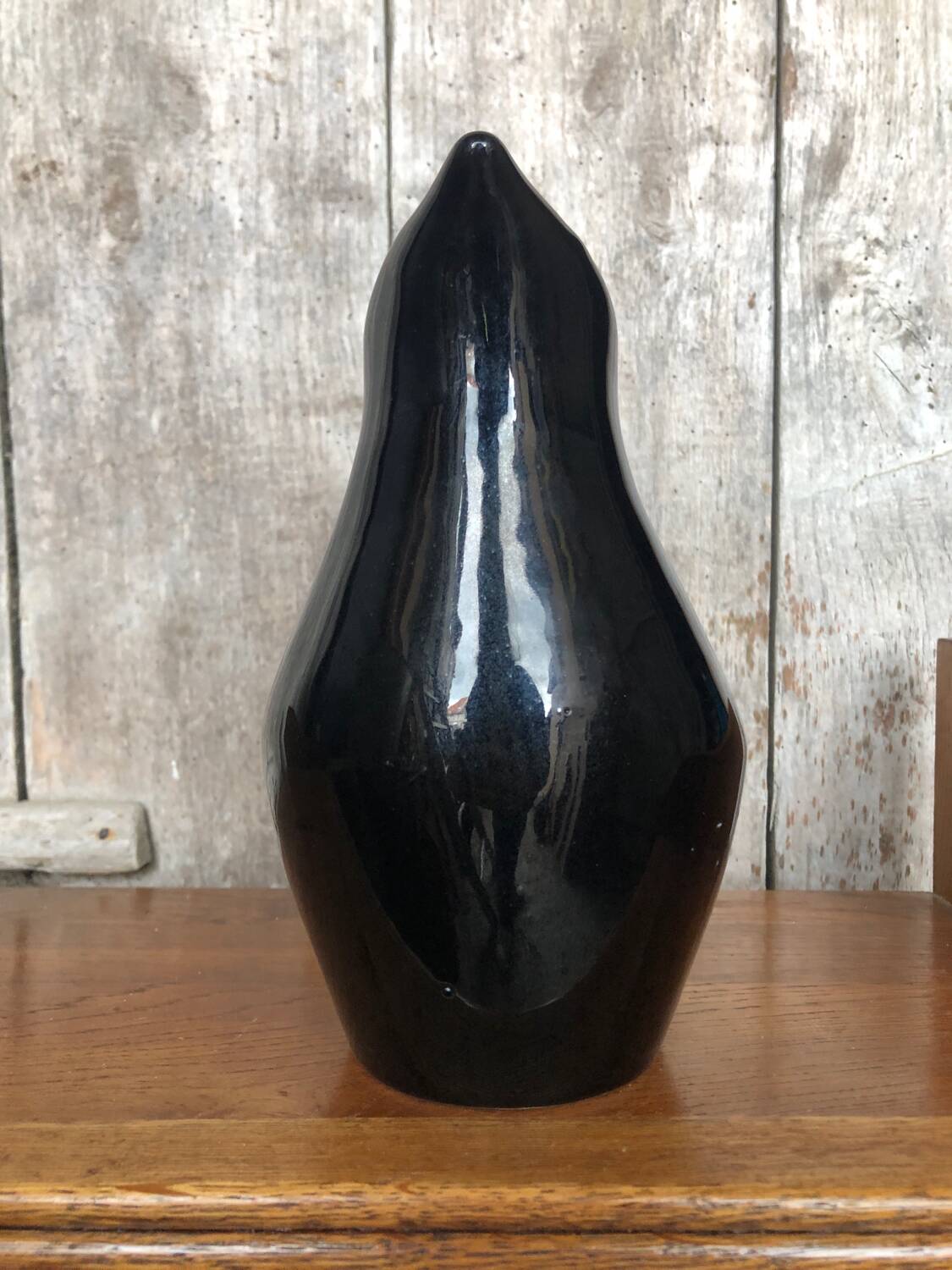 Old Black Enameled Porcelain Pitcher Blue Reflections Yellow Interior 50's #A759