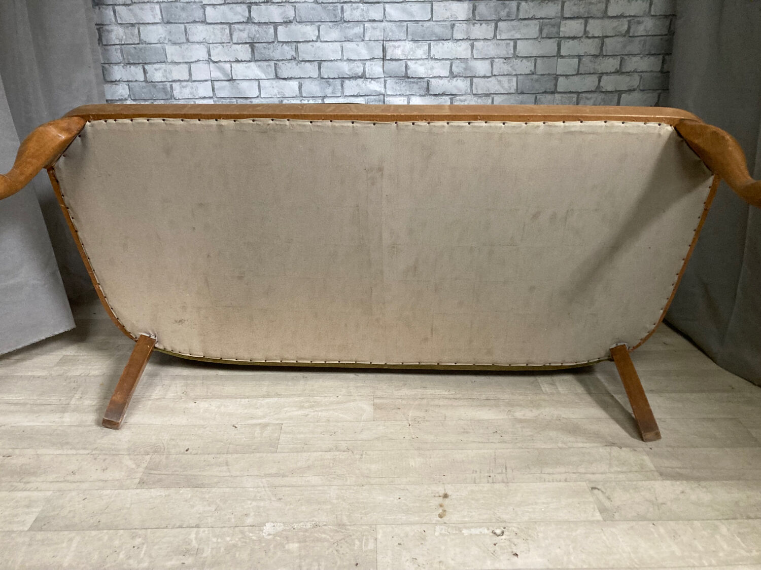 Cane and velvet fabric bench
