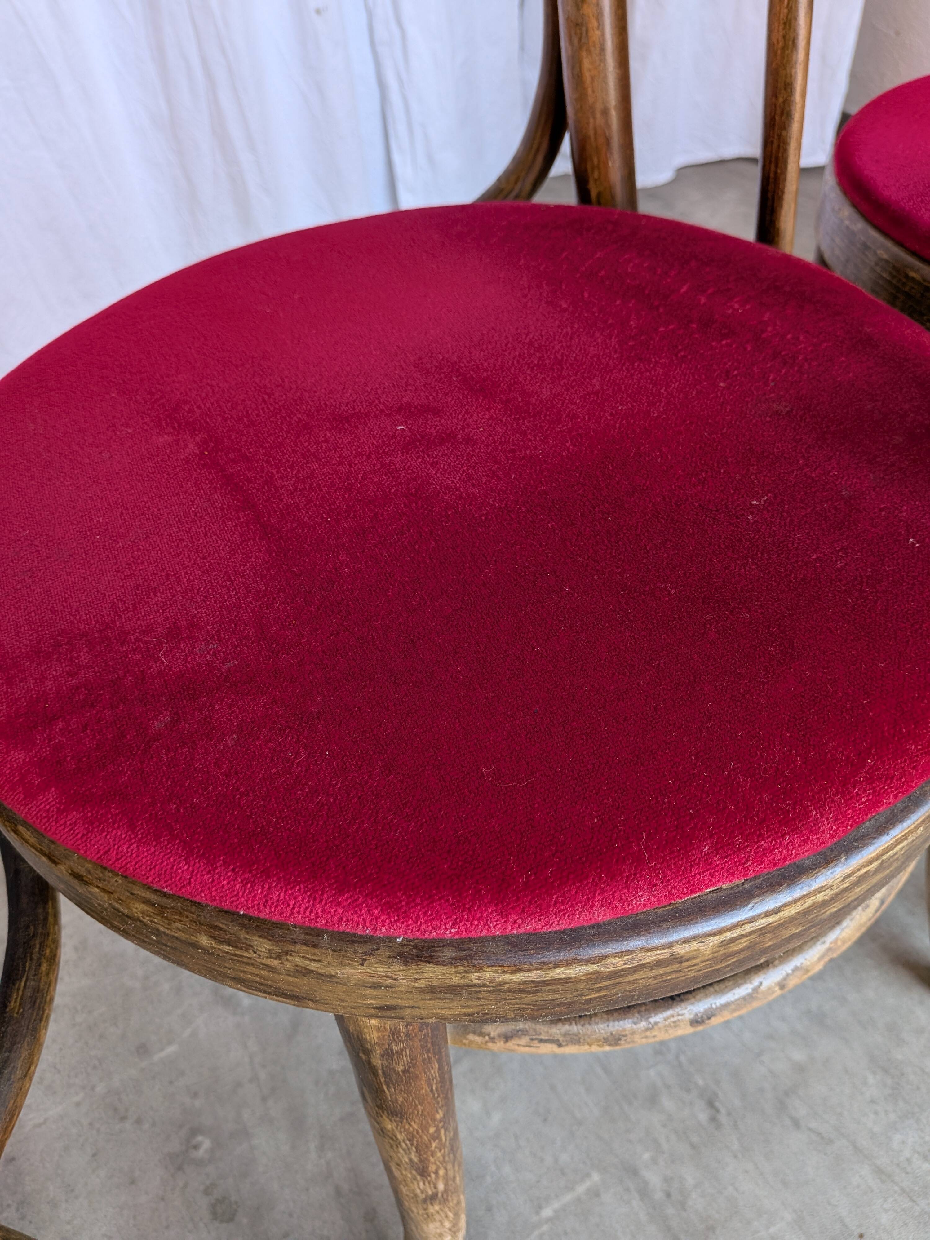 Set of 8 Vintage Bentwood Bistro Chairs: Red Upholstery